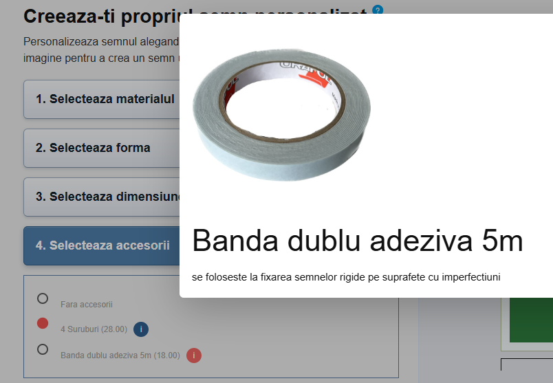 Popup cu detalii despre accesoriu
