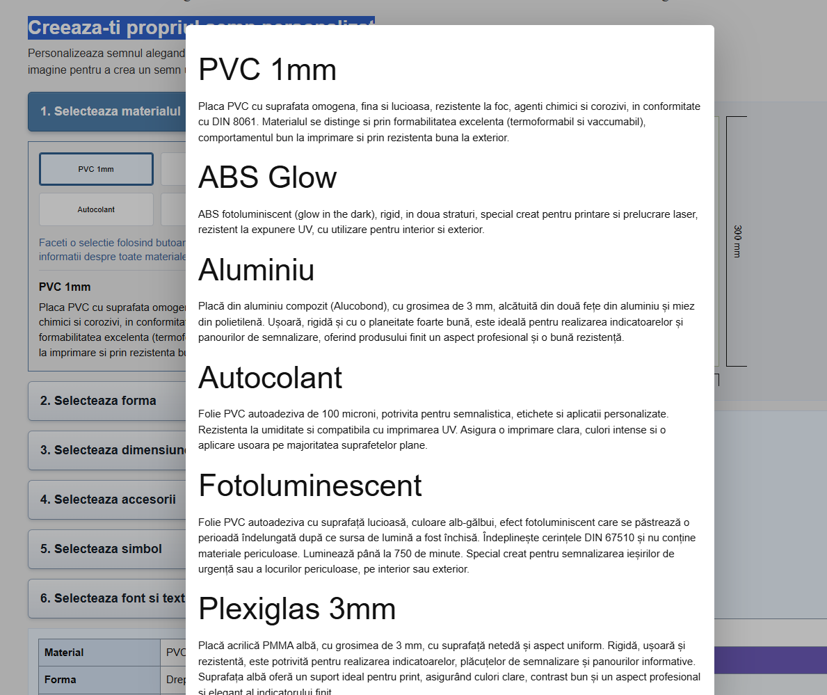 Popup cu informatii despre toate materialele